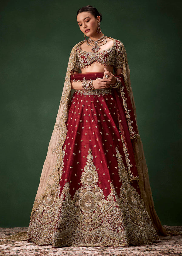 Maroon Bridal Patchwork Silk Lehenga Set with Two Dupattas