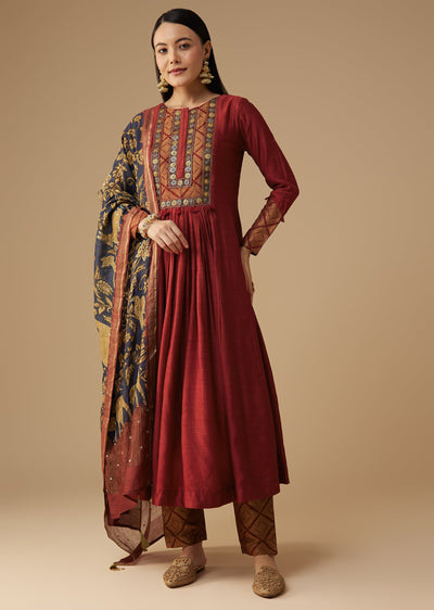 Maroon Brocade Detail Anarkali Set