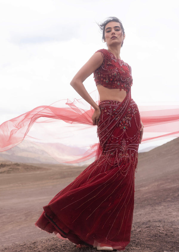 Maroon Embroidered Fish Cut Draped Saree