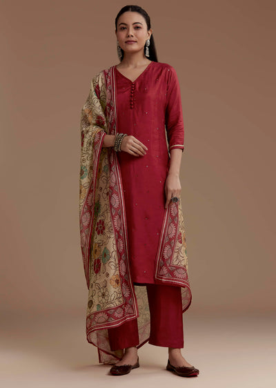 Maroon Foil Mirror Kurta Set with Kalamkari Dupatta