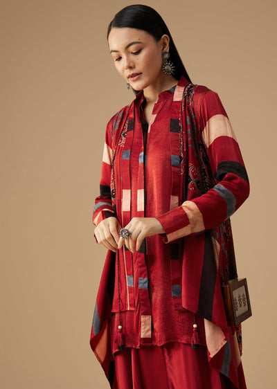 Maroon Hand Dyed Boho Print Dhoti Pant Set With Jacket
