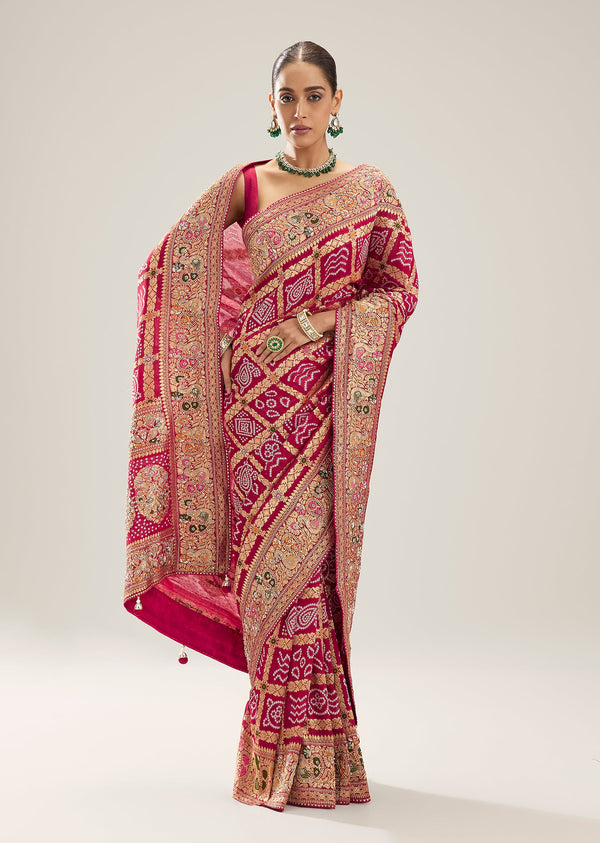 Maroon Khaddi Georgette Bandhani Saree With Heavy Zardosi Border