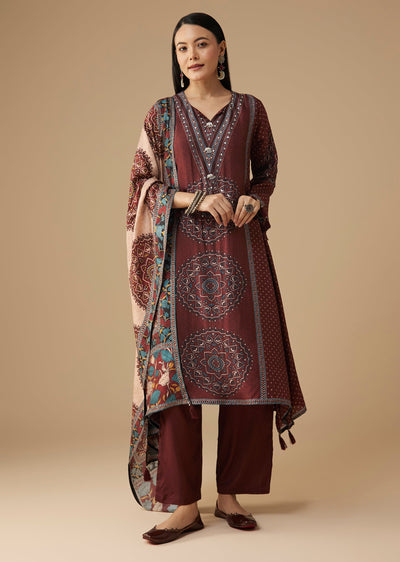 Maroon Printed Silk Kurta Pant Set