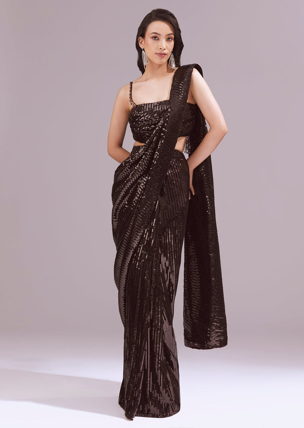 Maroon Ready Pleated Sequin Saree Set