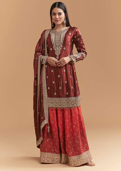 Maroon Satin Palazzo Suit With Heavy Zari Work