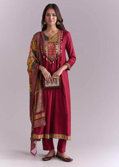 Maroon Silk Anarkali Suit With Embroidery And Printed Patch Work