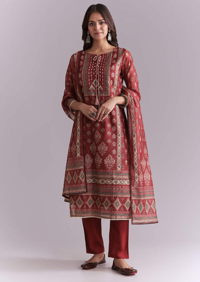 Maroon Silk Kurta Set With Indie Print