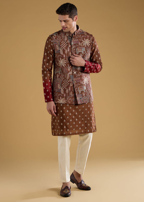 Maroon Silk Thread Embroidered Jacket and Kurta Set