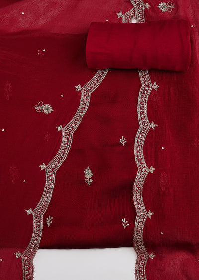 Maroon Tissue Embroidered Unstitched Suit Set With Dupatta