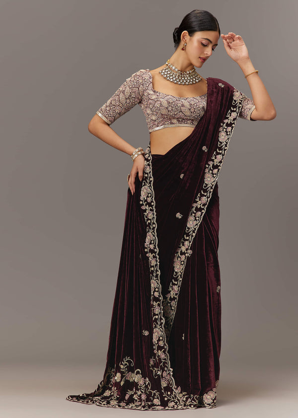Maroon Velvet Saree With Brocade Embroidered Blouse