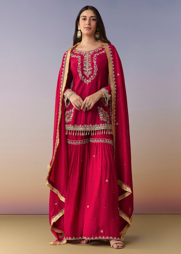 Maroon Zardosi Sharara Suit Set With Dupatta