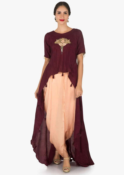 Maroon And Peach Dhoti Suit With The Over Layer Embellished In Resham And Sequin Butti Work
