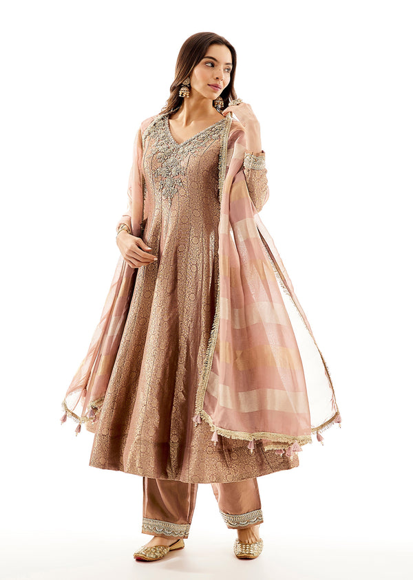 Mauve Brocade Anarkali With Zardosi Neck Work And Striped Dupatta