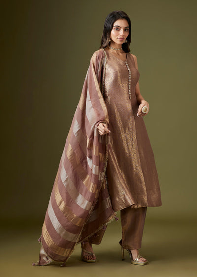 Mauve Brocade Front-Slit Kurta Pant Set With Dupatta