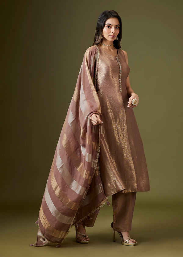 Mauve Brocade Front-Slit Kurta Pant Set With Dupatta