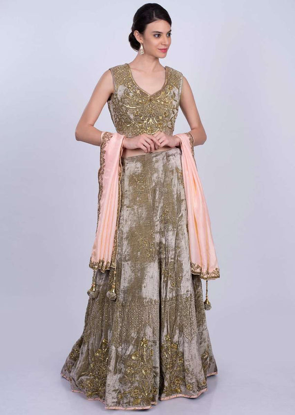 Mauve Green Lehenga Set In Heavy Velvet With Salmon Pink Silk Dupatta Online - Kalki Fashion