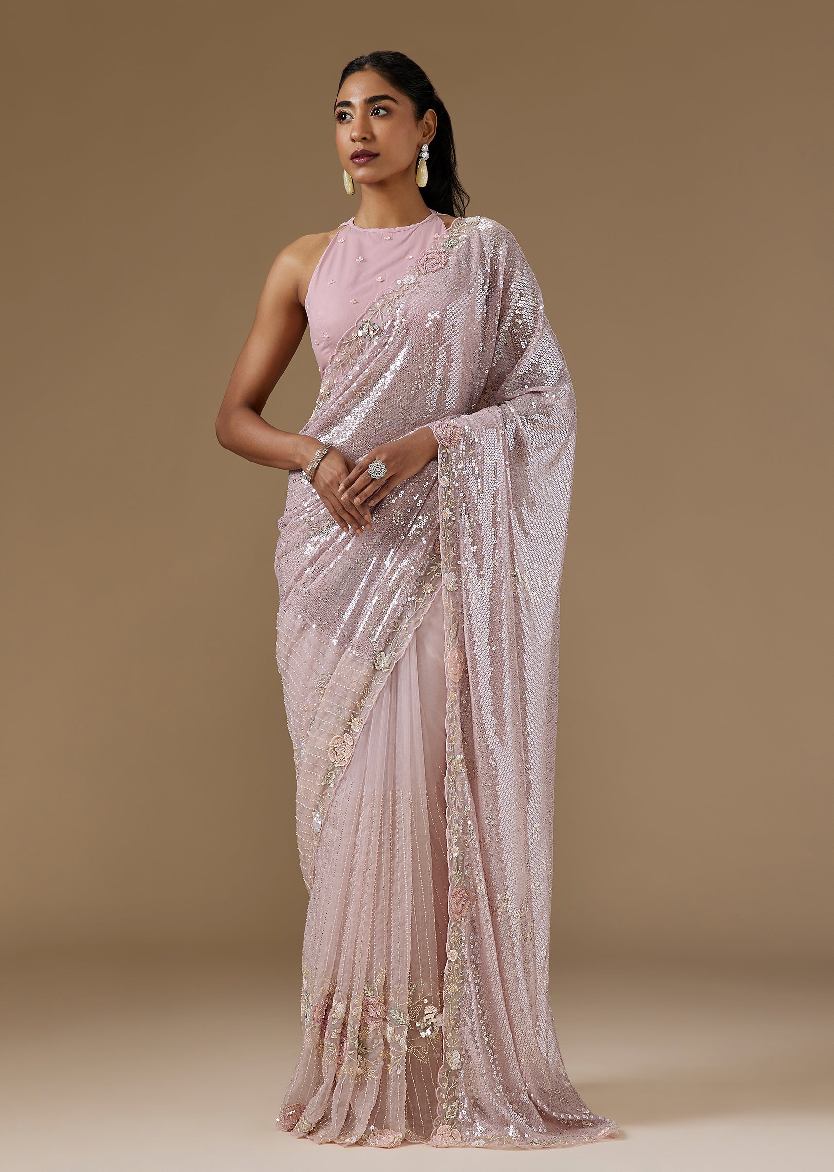 Mauve Half And Half Sequin Saree With Cut Dana Embellished Border