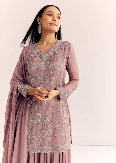 Mauve Pink Chinon Kurta Palazzo Set With Moti Work