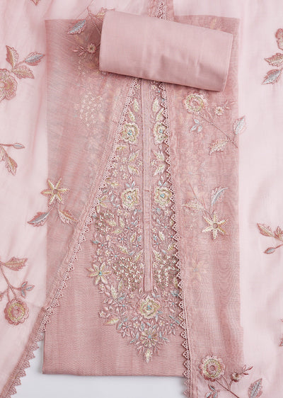 Mauve Pink Cotton Dress Material Set With Resham Embroidery