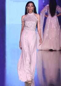 Mauve Pink Jumpsuit With Halter Neck And Embroidered Bodice Online - Kalki Fashion