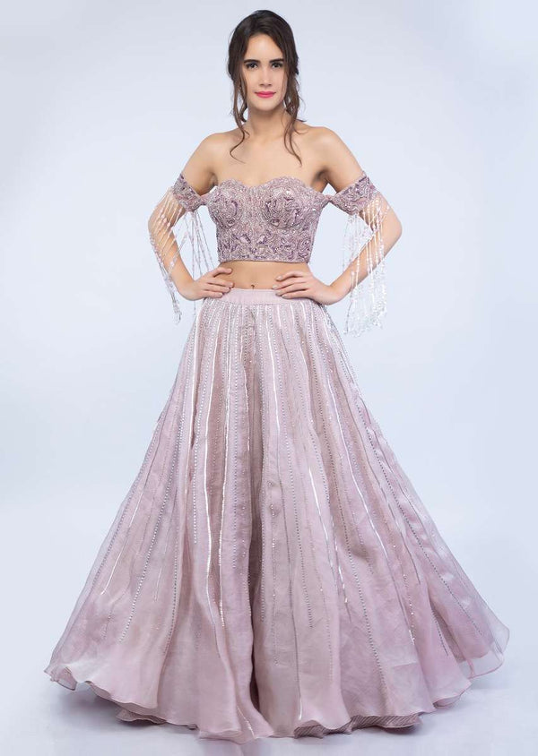 Mauve Pink Lehenga In Organza With Off Shoulder Corset Blouse Online - Kalki Fashion