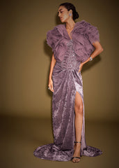 Mauve Velvet Embroidered Corset Set With Drape Skirt And Ruffled Jacket