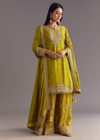 Mehendi Green Bandhani Palazzo Kurta Set With Zari And Mirror Work