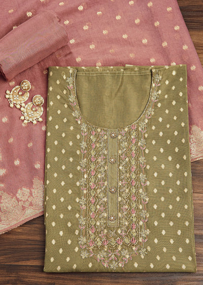 Mehendi Green Chanderi Unstitched Suit Set With Zardosi And Resham Work