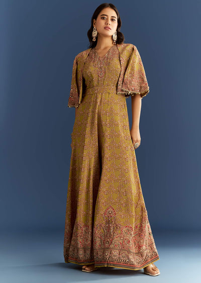 Mehendi Green Crepe Printed Jumpsuit With Mirror Sequins Work Cape And Belt