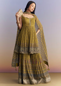 Mehendi Green Crepe Sharara Suit With Indie Print And Stone Work