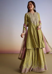 Mehendi Green Crush Tissue Sharara Suit With Zari Sequins
