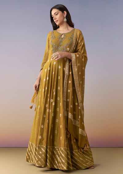 Mehendi Green Embellished Anarkali Suit Set With Palazzo And Dupatta