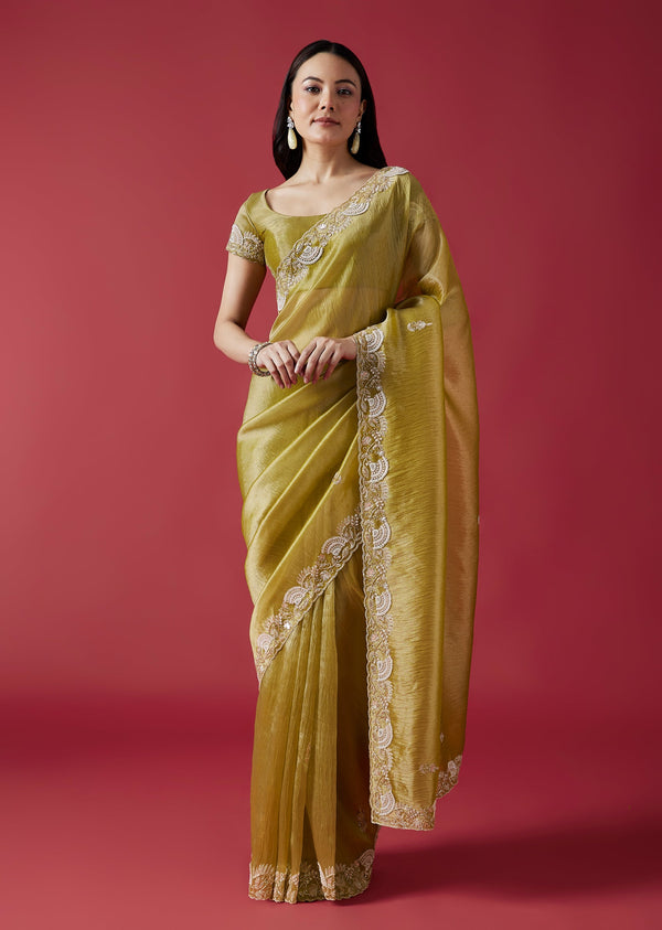Mehendi Green Embroidered Crush Tissue Saree With Zardosi Work