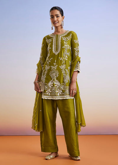 Mehendi Green Embroidered Silk Palazzo Suit With Dupatta