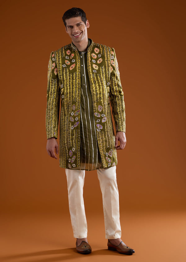 Mehendi Green Indowestern Kurta Set with Zardozi Work