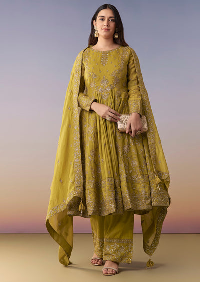 Mehendi Green Metallic Embroidered Anarkali Suit Set With Pant And Dupatta