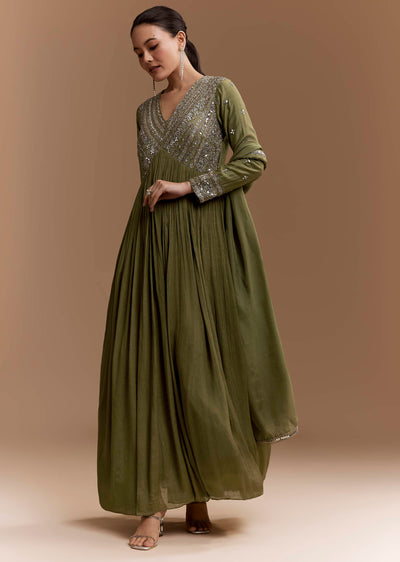 Mehendi Green Mirror Work Anarkali with Dupatta