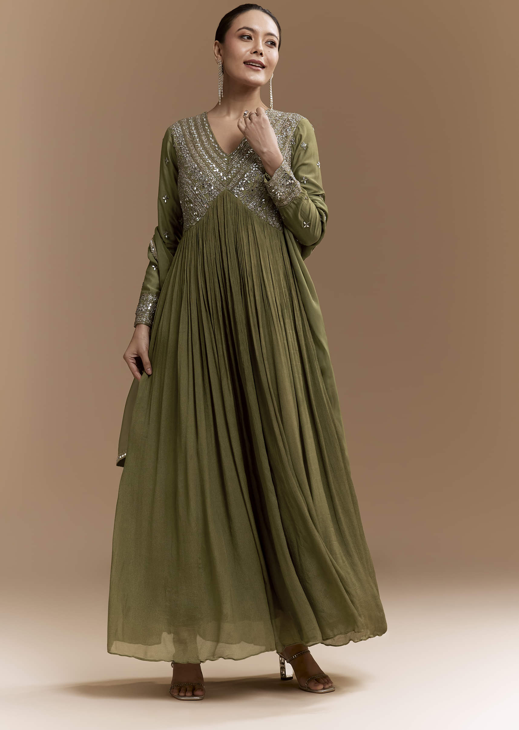 Mehendi Green Mirror Work Anarkali with Dupatta