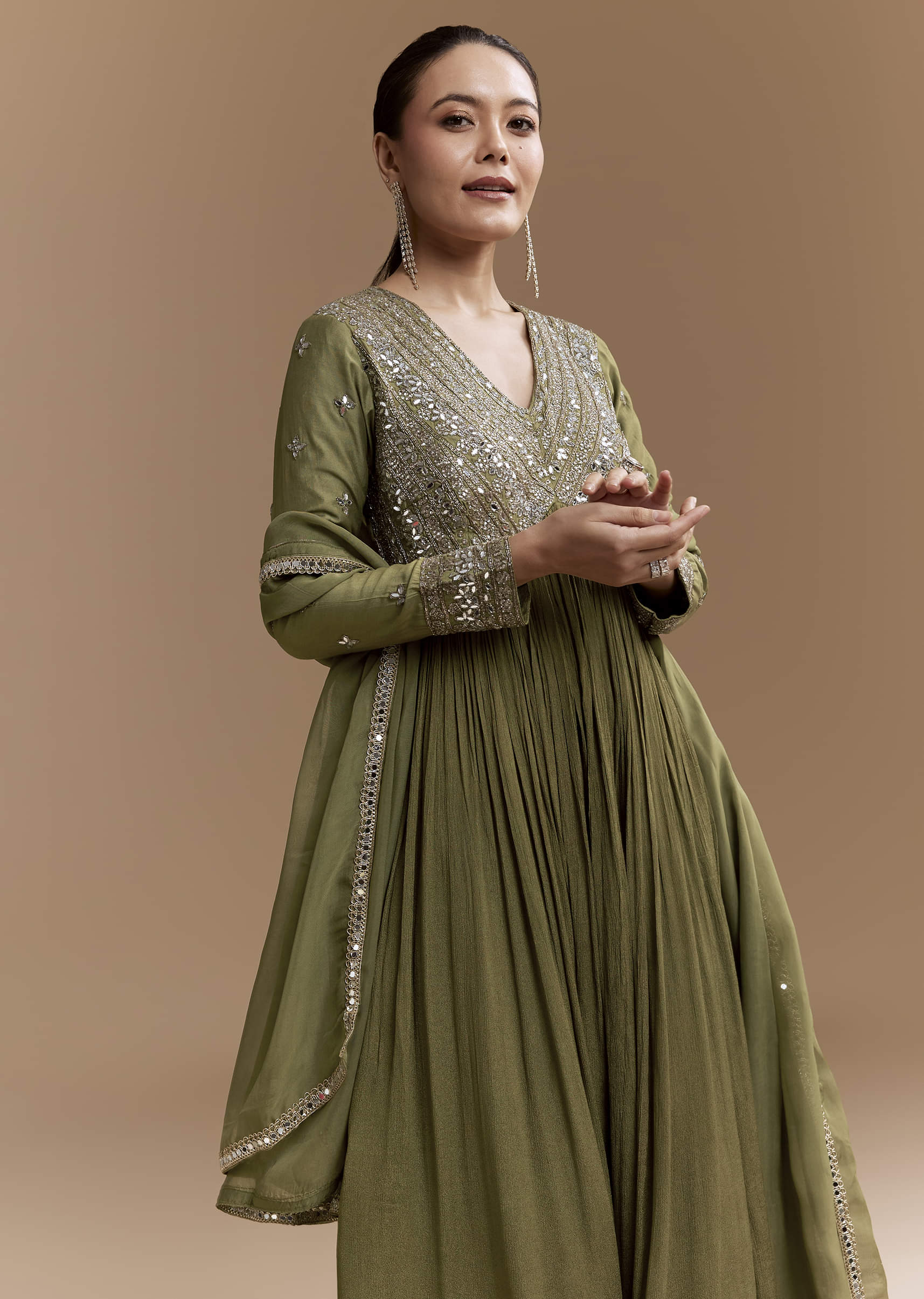 Mehendi Green Mirror Work Anarkali with Dupatta