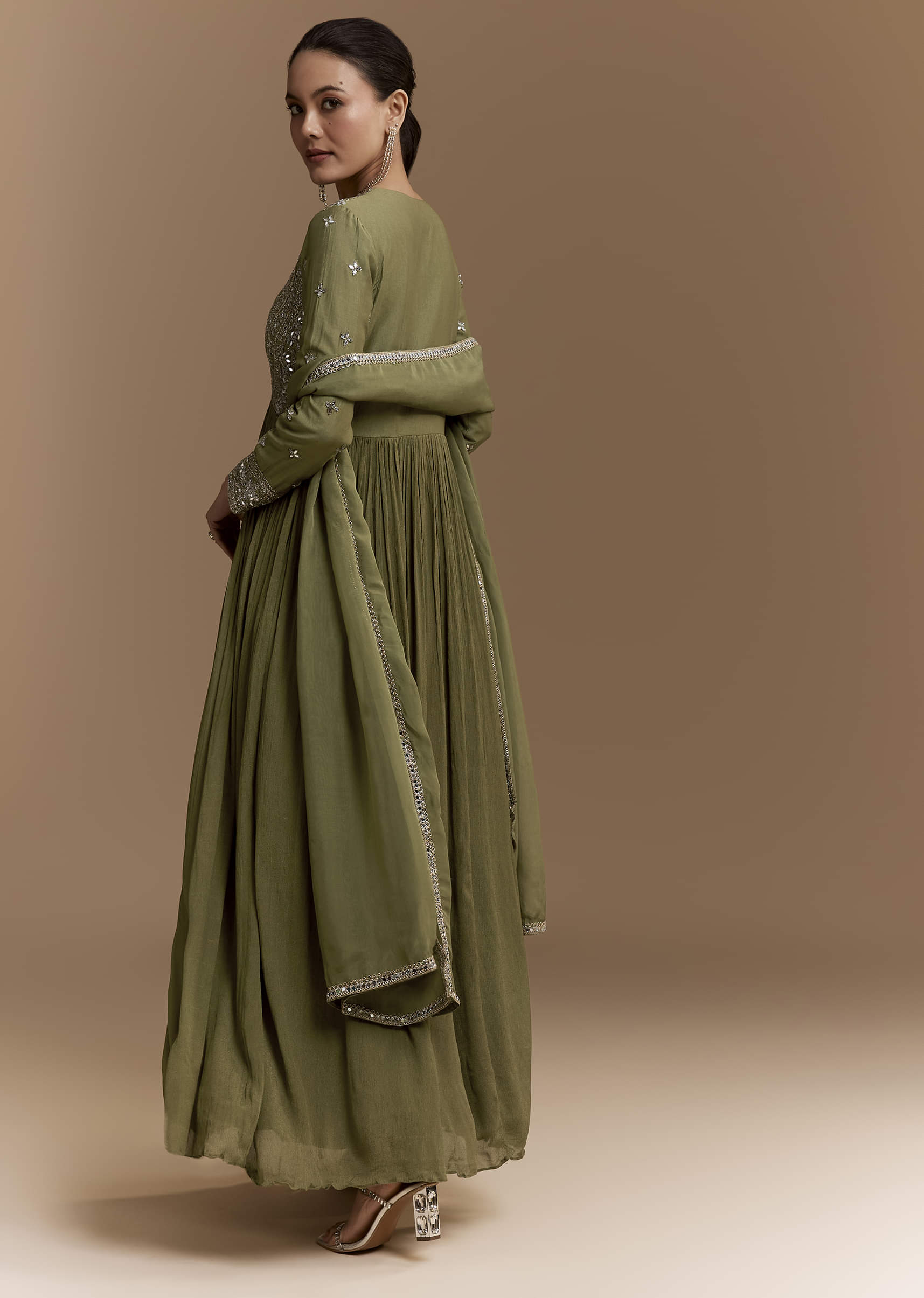 Mehendi Green Mirror Work Anarkali with Dupatta