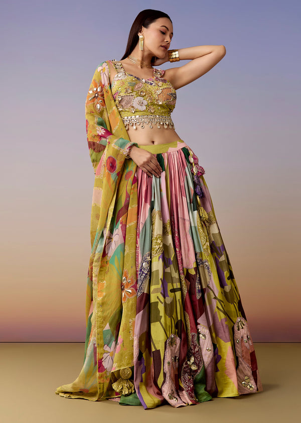 Mehendi Green Printed Bridesmaid Lehenga Set