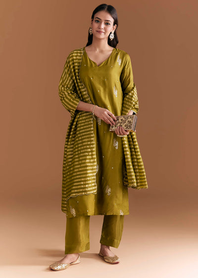 Mehendi Green Silk Kurta Set With Zari And Gota Work