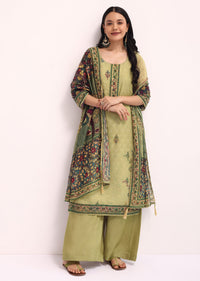 Mehendi Green Embroidered Kurta Palazzo Set With Kalamkari Dupatta