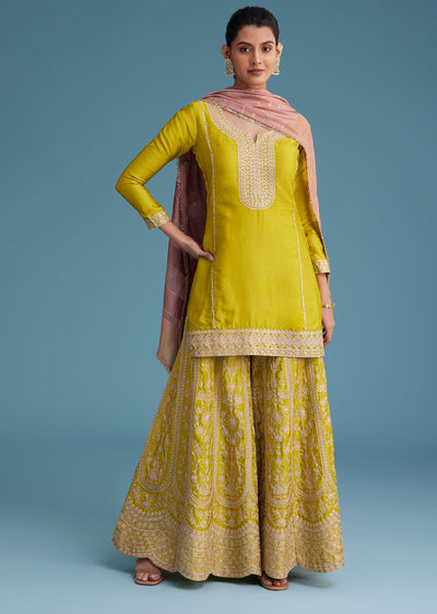 Mehendi Green Silk Palazzo Set With Contrasting Peach Dupatta