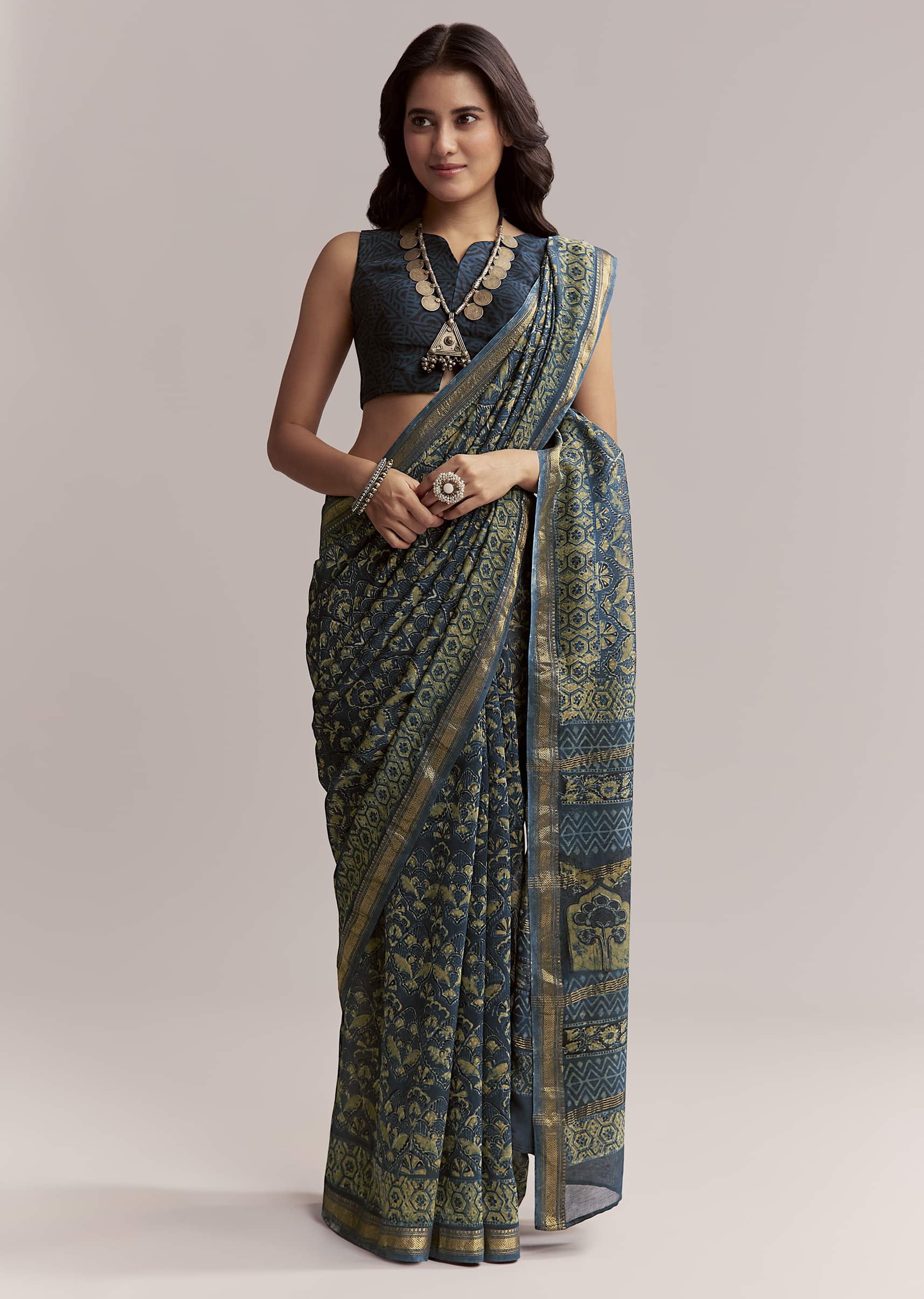 Midnight Blue Linen Printed Saree With Traditional Ajrakh Print