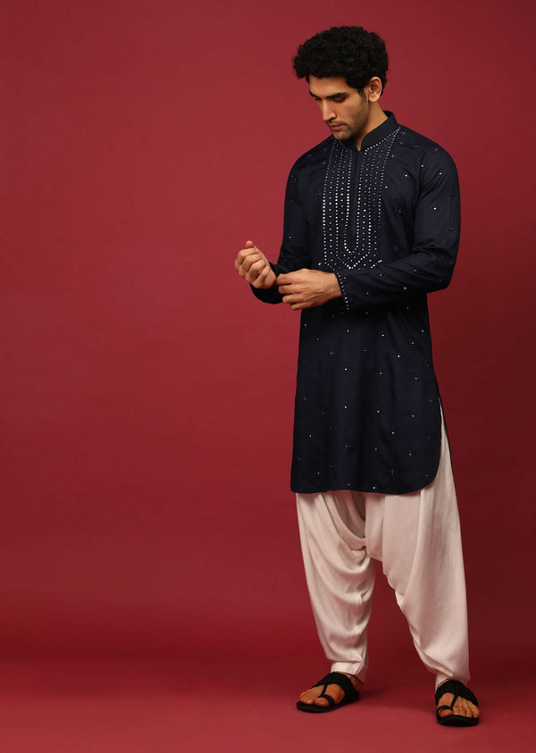 Midnight Blue Pathani Suit In Cotton With Mirror And Thread Embroidered Buttis And Heavy Placket Design