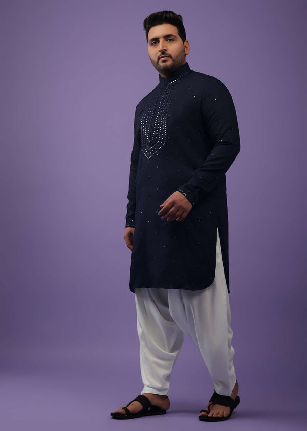 Midnight Blue Pathani Suit Set In Cotton With A Heavy Placket Design