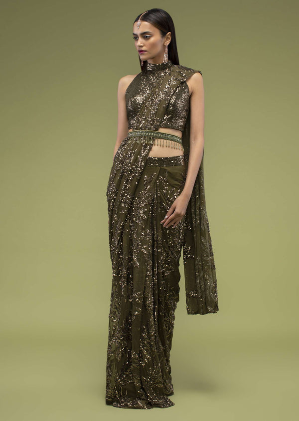 Military Olive Ready Pleated Saree In Sequins Embroidery, Crafted In Net With Side Zip Closure