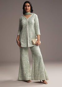 Mint Blue Georgette Palazzo Suit With Sequins And Resham Work