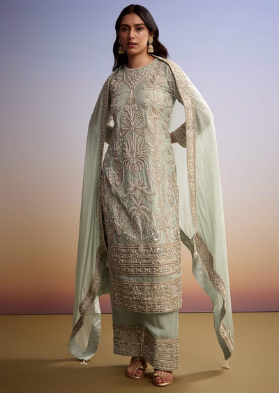 Mint Blue Organza Palazzo Suit With Zari And Moti Embroidery